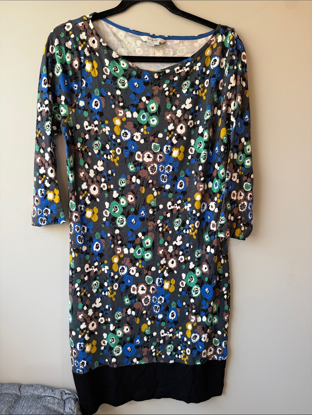 Boden Multicolor Abstract Floral Scoop-Neck Long Sleeve Dress black trim 10R